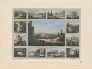 Die hintere Sächsische und die Böhmische Schweiz in einem großen (Aussicht vom Großen Winterberg) und 12 kleinen Ansichten auf einem Bilderbogen