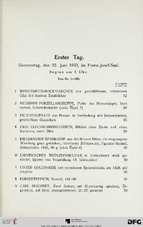 Erster Tag: Donnerstag, den 22. Juni 1933, im Franz-Josef-Saal, Beginn um 3 Uhr (Nr. 1-300)