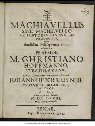 Machiavellus Sine Machiavello Ex Historia Sinensium Productus