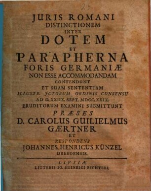 Iuris Romani distinctionem inter dotem et parapherna foris Germaniae non esse accommodandam