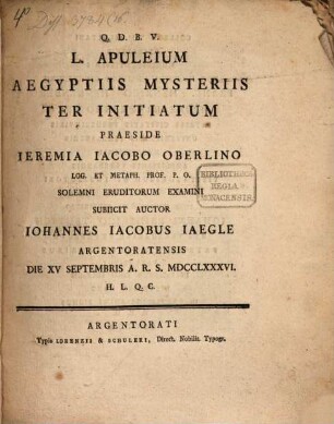De L. Apuleio Aegyptiis mysteriis ter initiato, disp.