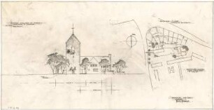 Gsaenger, Gustav; Braunschweig - Lehndorf (Niedersachsen); Ev. Kirche mit Pfarrhaus und Gemeindesaal - Vorprojekt, Entwurf (Lageplan), Westseite (Ansicht)