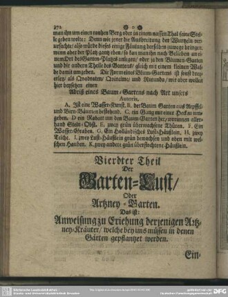 Vierdter Theil Der Garten-Lust, Oder Artzney-Garten. Das ist: Anweisung zu Erziehung derjenigen Artzney-Kräuter, welche bey uns müssen in denen Gärten gepflantzet werden