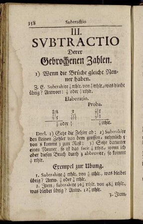 III. Subtractio Derer Gebrochenen Zahlen.