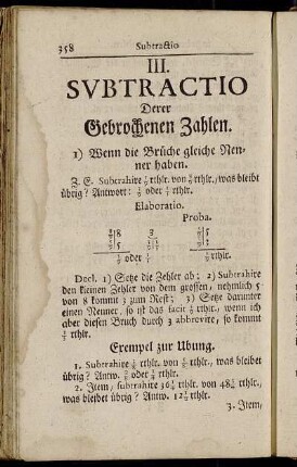 III. Subtractio Derer Gebrochenen Zahlen.