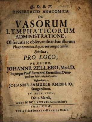 Dissertatio Anatomica De vasorum Lymphaticorum Administratione : Observatis ac observandis in illa horum Phoenomenis n. & p. n. eorumque causis