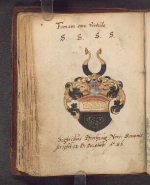 Siegfried Pfintzing, Bologna, 1586-12-12: Sentenz (lat.), Initialen, Widm. (lat.)