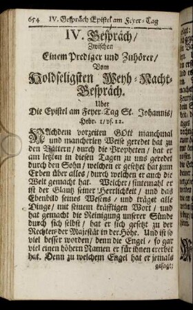 IV. Gespräch. Vom Holdseligsten Weyh-Nacht-Gespräch. - VI. Gespräch. Vom Bösesten und besten Loßwerffen.