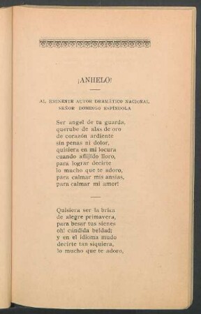 ¡Anhelo! : Al eminente autor dramático nacional señor Domingo Espíndola