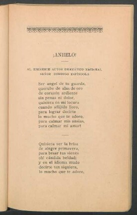 ¡Anhelo! : Al eminente autor dramático nacional señor Domingo Espíndola