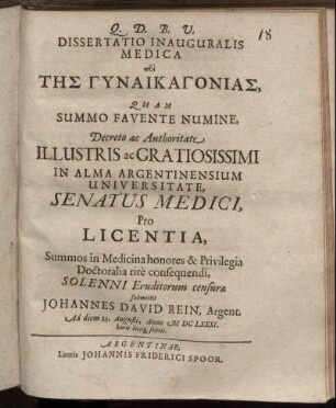 Dissertatio Inauguralis Medica P[er]i Tēs Gynaikagonias