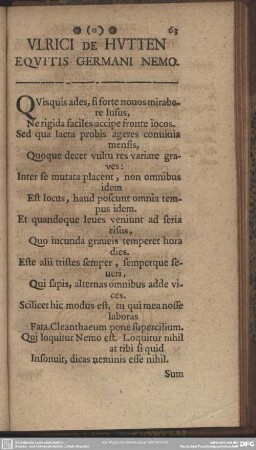 Ulrici De Hutten Equitis Germani Nemo