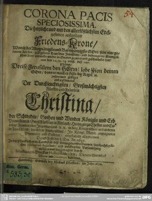 Corona pacis speciosissima, die herrliche Friedens Krone ...