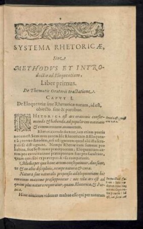 Systema Rhetoricae, Siue Methodus Et Introductio ad Eloquentiam, Liber primus.