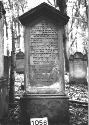 Grabstein 1056 (Index: 99899678) Material: Sandstein Zustand: stark verwittert Maße HxBxT: 152x62x22 cm Beschreibung: aufgesockelte Stele mit verdachtem Dreiecksabschluss Besonderheit: Kindergrab: Grabstein 1056