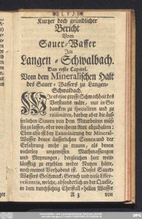 Kurtzer doch gründlicher Bericht Vom Sauer-Wasser Im Langen-Schwalbach.