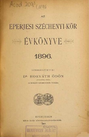 Az Eperjesi Széchenyi-Kör évkönyve. 1896 (1897)