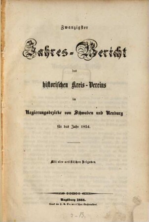 Jahresbericht des Historischen Kreisvereins im Regierungsbezirke von Schwaben und Neuburg. 20. 1854