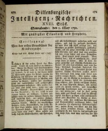 XVIII. Stück. Sonnabends: den 5. May 1792.