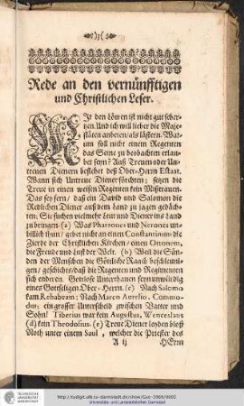 Rede an den vernünfftigen und Christlichen Leser.