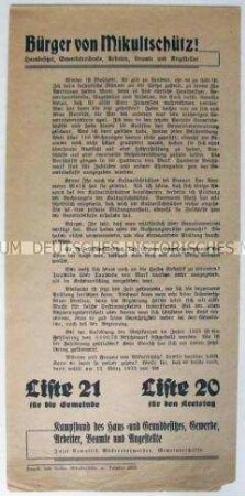 Flugblatt zur Gemeindewahl in Mikultschütz (Oberschlesien) am 12. März 1933
