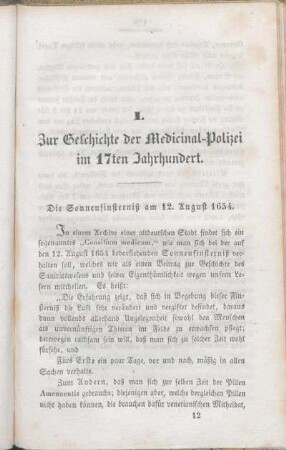 I. Zur Geschichte der Medicinal-Polizei im 17ten Jahrhundert.