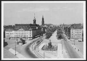 Dresden, Neustädter Markt : Dresden-Neustadt. Blick über den Neustädter Markt mit Reiterstandbild August des Starken in die Hauptstraße