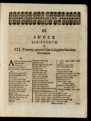 III. Index Srciptorum & CLL. Virorum, quorum hisce in Supplementis facta suit mentio