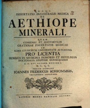 Dissertatio Inauguralis Medica De Aethiope Minerali