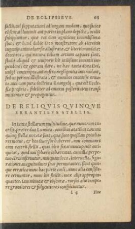 De Reliquis Quinque Errantibus Stellis.