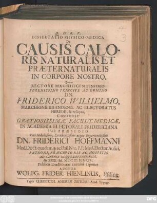 Dissertatio Physico-Medica De Causis Caloris Naturalis Et Praeternaturalis In Corpore Nostro