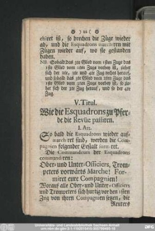 V. Titul. Wie die Esquadrons zu Pferde die Revüe passiren.