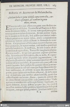 Historia 36. Auenzoar de Melancholia. Melancholia ex potu vitiosae aquae contracta, cardiacis assumptis, & tandem ingenio miro, curata