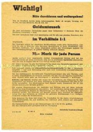 Informationsblatt der Sächsischen Landeskreditbank zum Ablauf des Geldumtausches in Dresden im Rahmen der Währungsreform in der sowjetischen Besatzungszone 1948