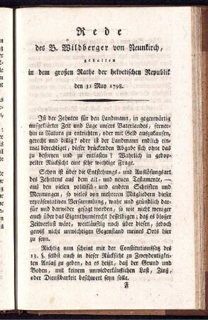 Rede des B. Wildberger von Neunkirch, gehalten in dem großen Rathe der helvetischen Republik den 31 May 1798.