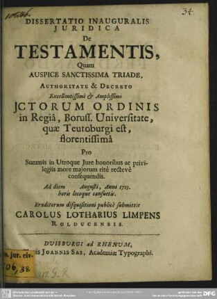 Dissertatio Inauguralis Iuridica De Testamentis