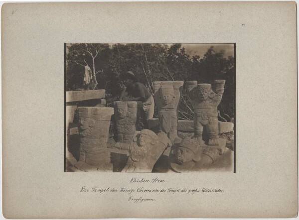 "Templo de las Mesas (according to Holmes). Carrying figures from the 'Temple of the Kings Cocom or Temple of the Great Table of the Gods. (with expedition member)."