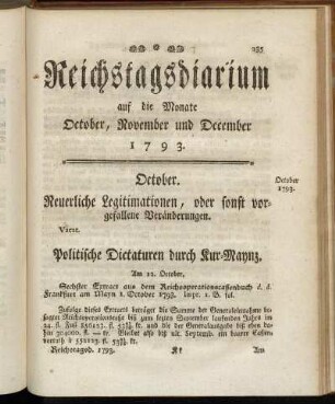 Reichstagsdiarium auf die Monate October, November und December 1793.