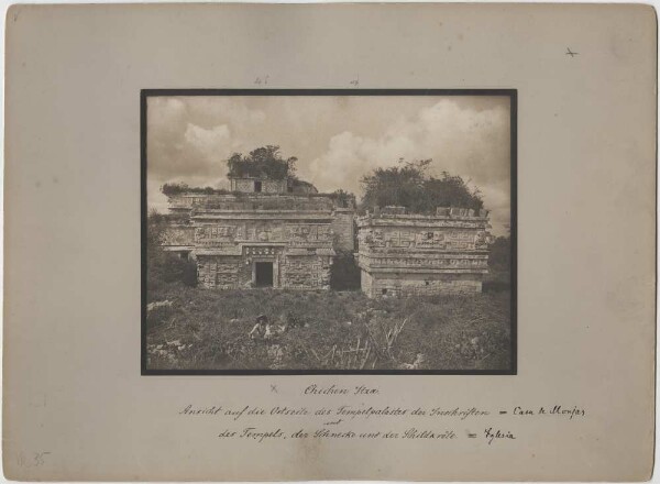 "'Las Monjas' (nunnery and 'La Iglesia' (church). East view (with expedition member)."