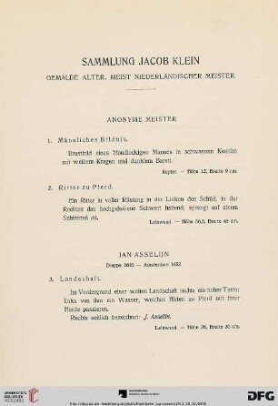 Sammlung Jacob Klein: Gemälde alter, meist niederländischer Meister (Nr. 1-36)