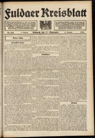 Erste Ausgabe vom Mittwoch, den 27. September 1911.