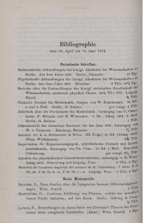 Bibliographie vom 16. April bis 15. Juni 1874.