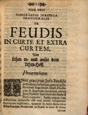 Dissertatio inauguralis Juridica de feudis in curte et extra curtem, Von Lehen in- und ausser dem Lehen-Hoff