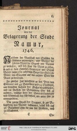 Journal von der Belagerung der Stadt Namur, 1746