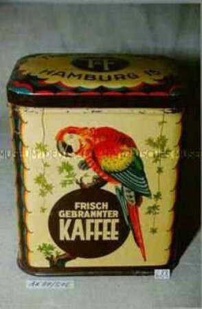 Blechdose für "FRISCH GEBRANNTER KAFFEE THOMAE UND FRESE HAMBURG 15"