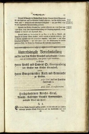 Unterhäniste Vernehmlassung auf die von dem Kloster Grauhof ausgebrachte Citationem ad reassumendum, cum petito legali humillimo, in Sachen ...