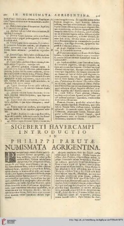 Sigeberti Havercampi introductio in Philippi Parutae numismata Agrigentina