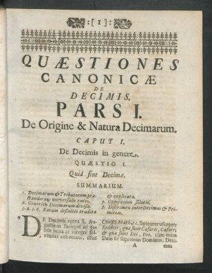 Pars I. De Origine & Natura Decimarum