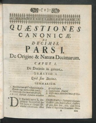 Pars I. De Origine & Natura Decimarum
