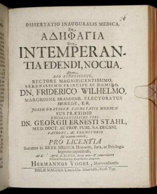 Dissertatio Inauguralis Medica, De Adēphagia Sive Intemperantia Edendi, Nocua